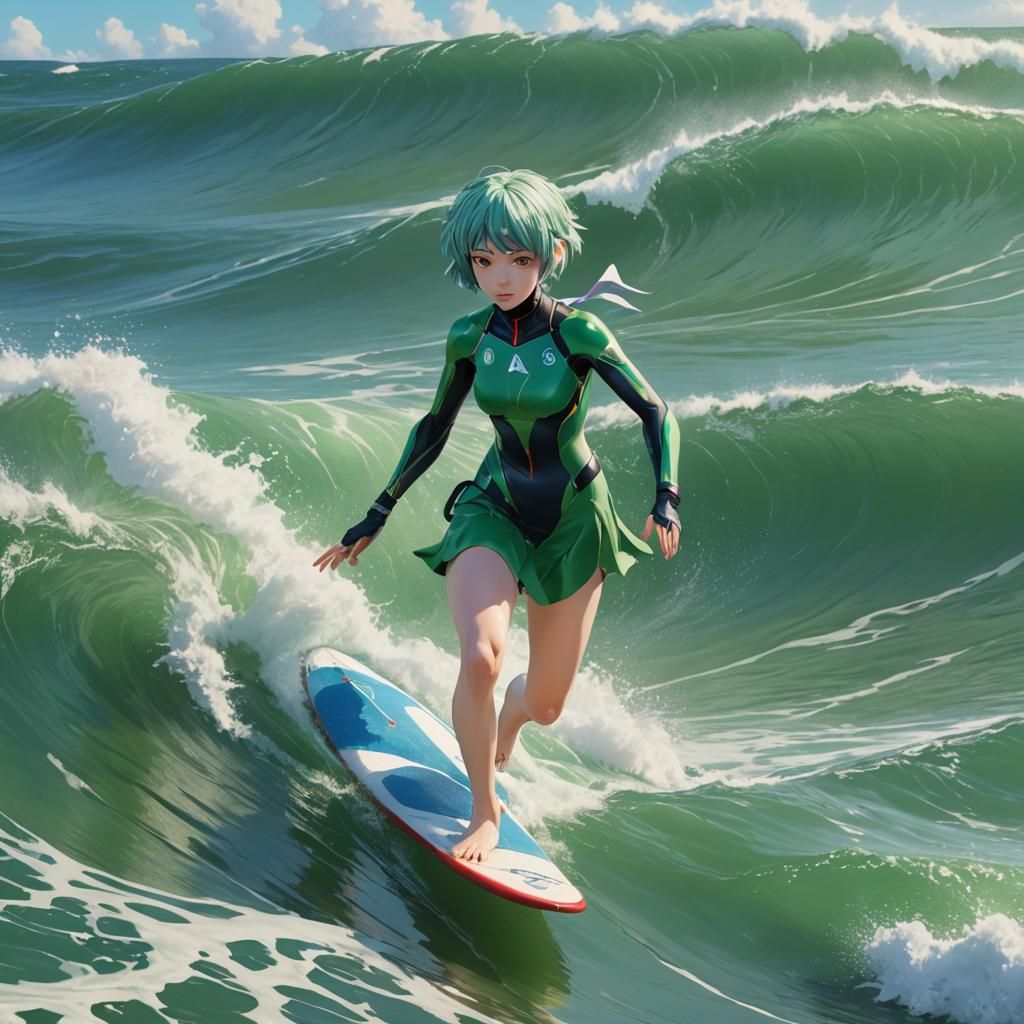 Rei Ayanami Surfing a Green Sea, Anime Art