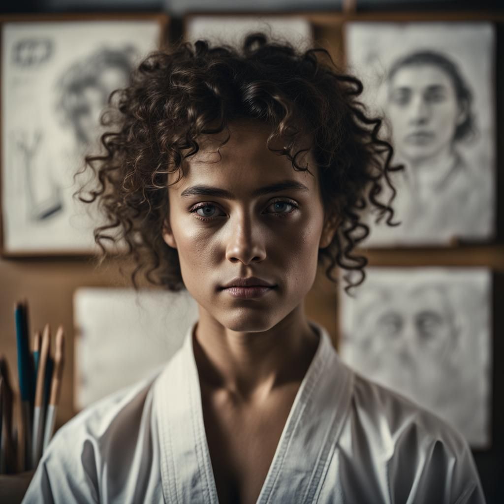Hispanic Karate Student Surrounded by Art at Museum