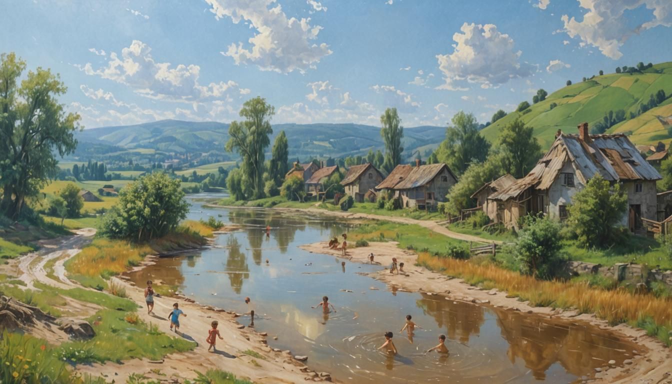 Children Swim in Melting Village: Surrealist Oil Painting