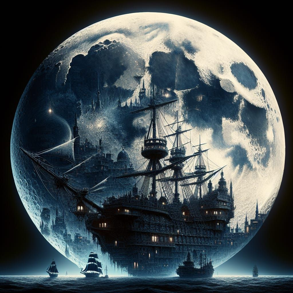 Fantasy Corsair Ship Illuminated by a Full Moon