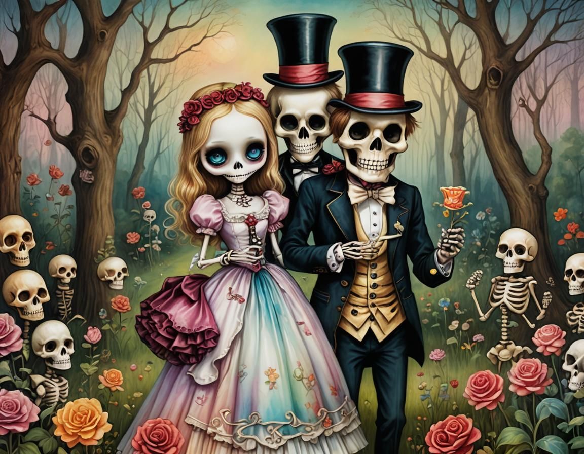 Whimsical Storybook Wedding Illustration in Mark Ryden Style