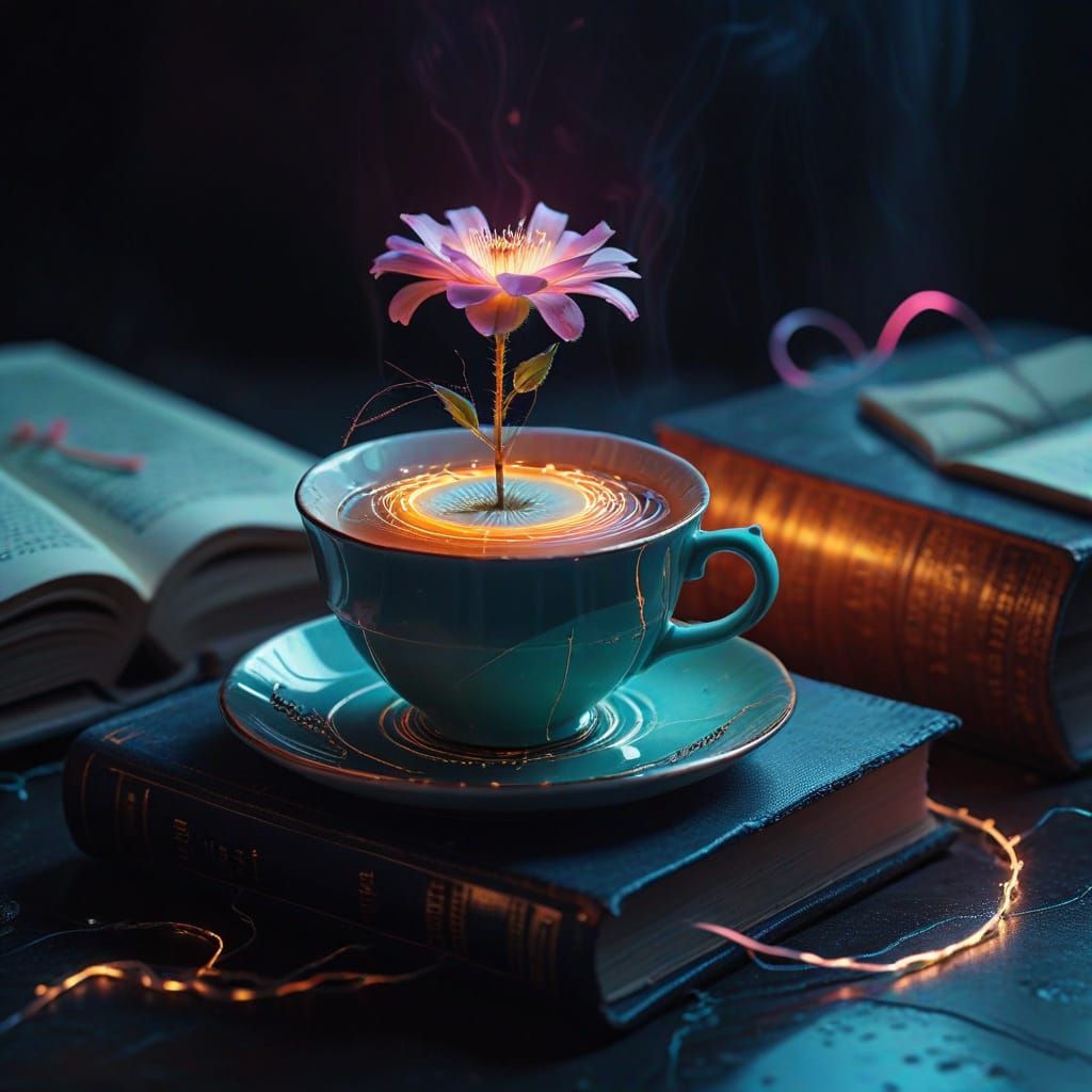 Surreal Still Life: Teacup, Book, and Flower in Neon Threads
