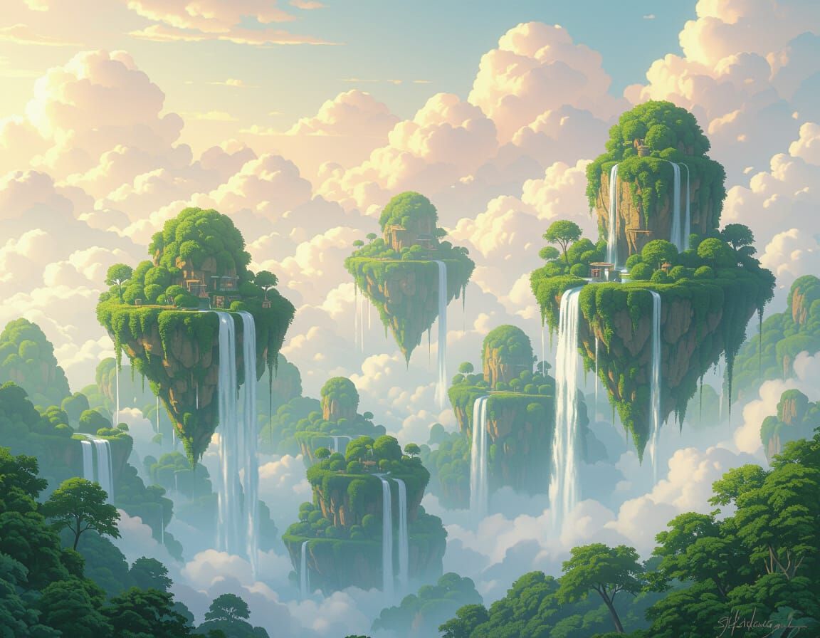 Ethereal Floating Islands with Waterfalls: Fantasy Art