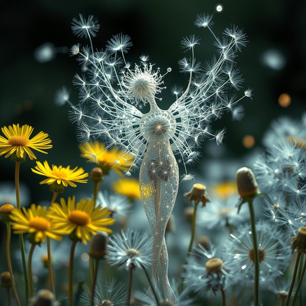 Ethereal Silver Being in Dandelion Field, Bio-Art