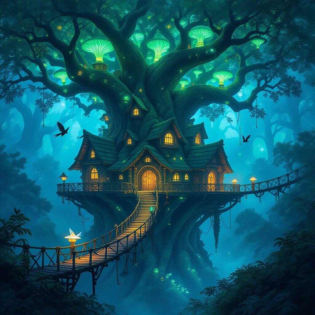 Ancient Treehouse Village in Bioluminescent Forest