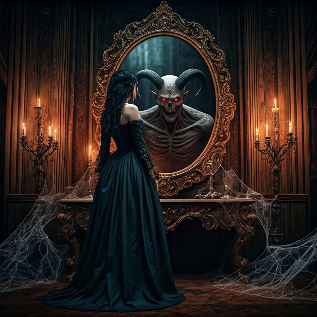 Demonic Reflection in Ornate Mirror, Gothic Horror Style