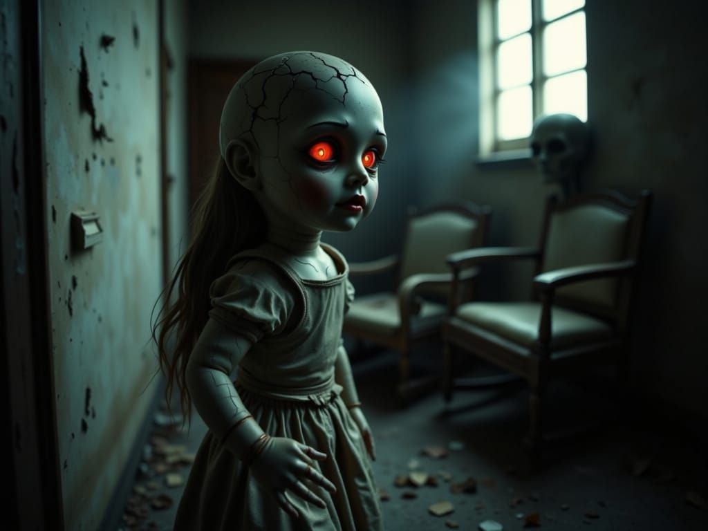 Haunted Doll with Cracked Head and Glowing Eyes