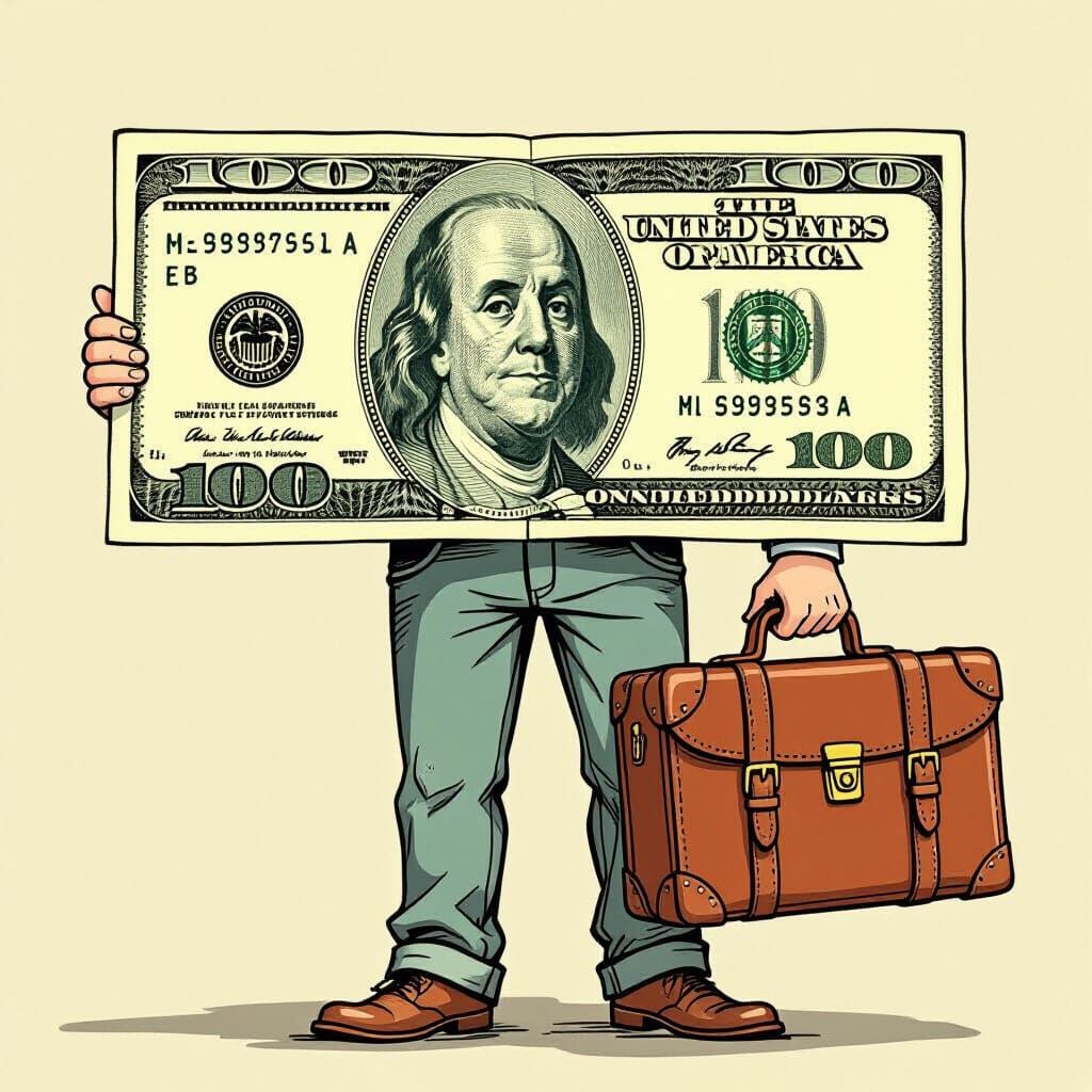 Personified Hundred-Dollar Bill Character with Suitcase