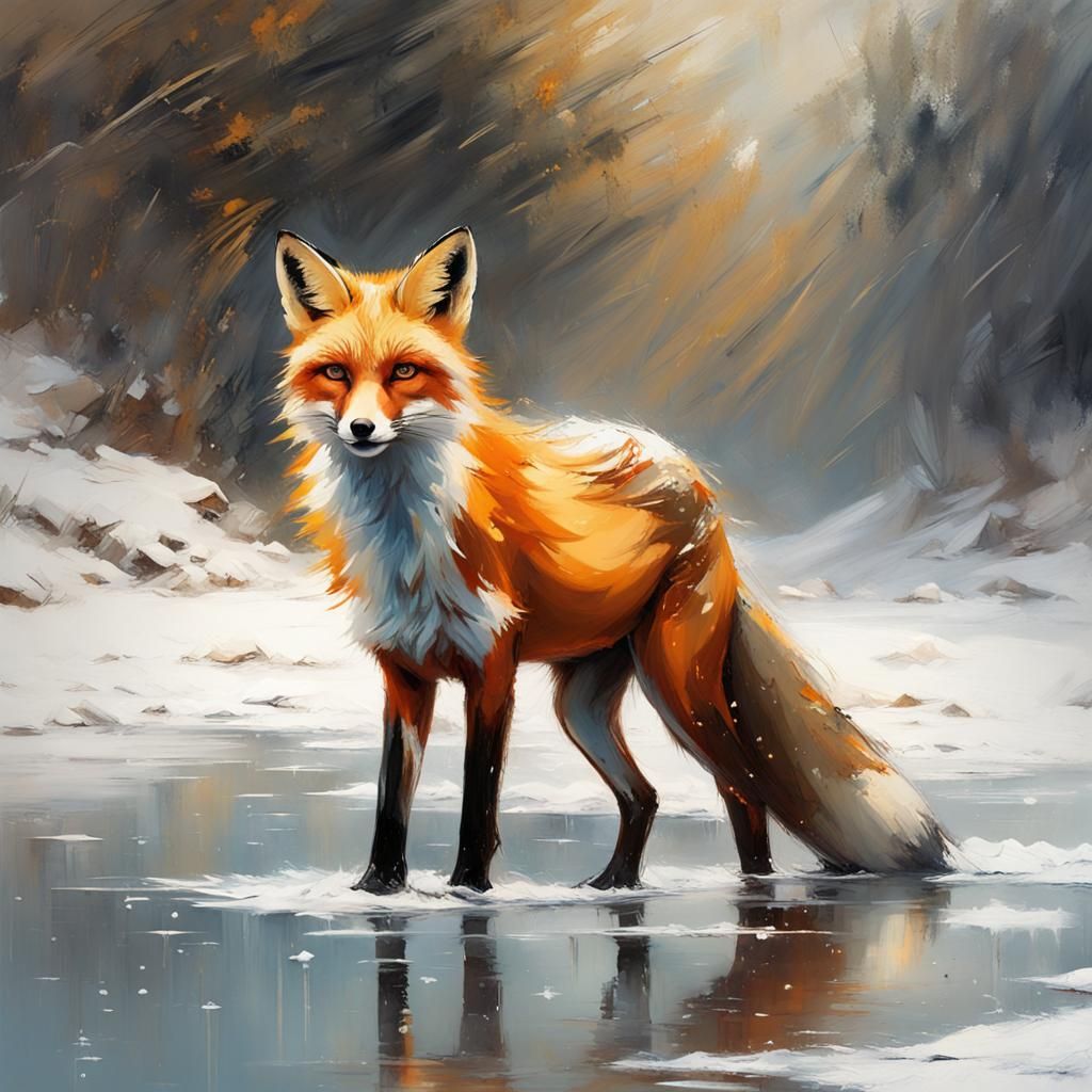 Fox on Frozen Lake in Blizzard