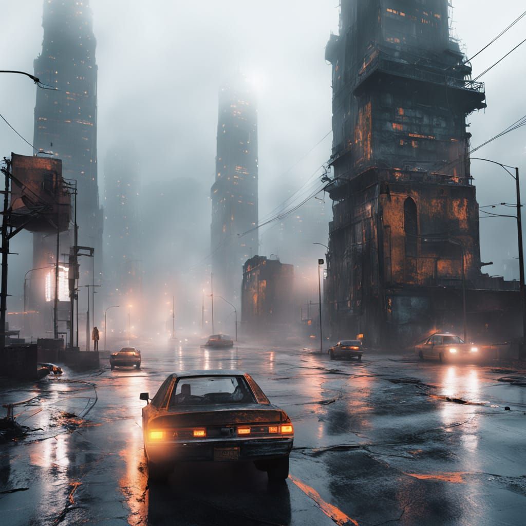 Gritty Cyberpunk Cityscape with Mesopotamian-Inspired Towers