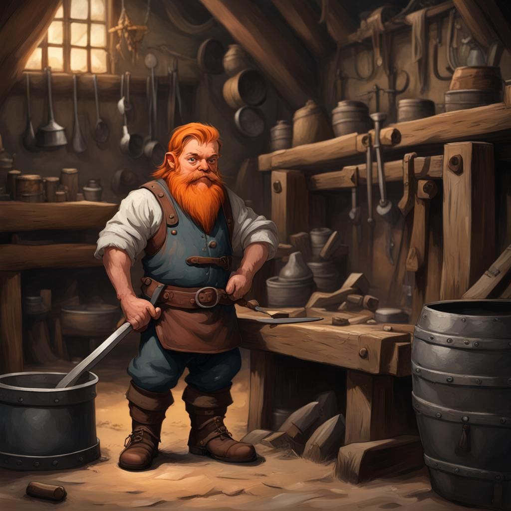 Young Dwarf in Blacksmith Shop: Fantasy Art