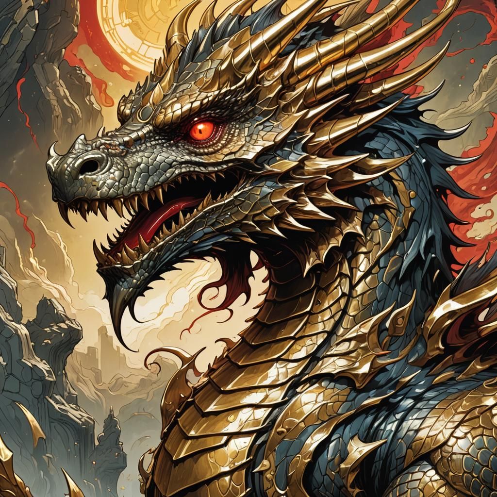 Golden Metal Dragon Profile in Comic Book Art