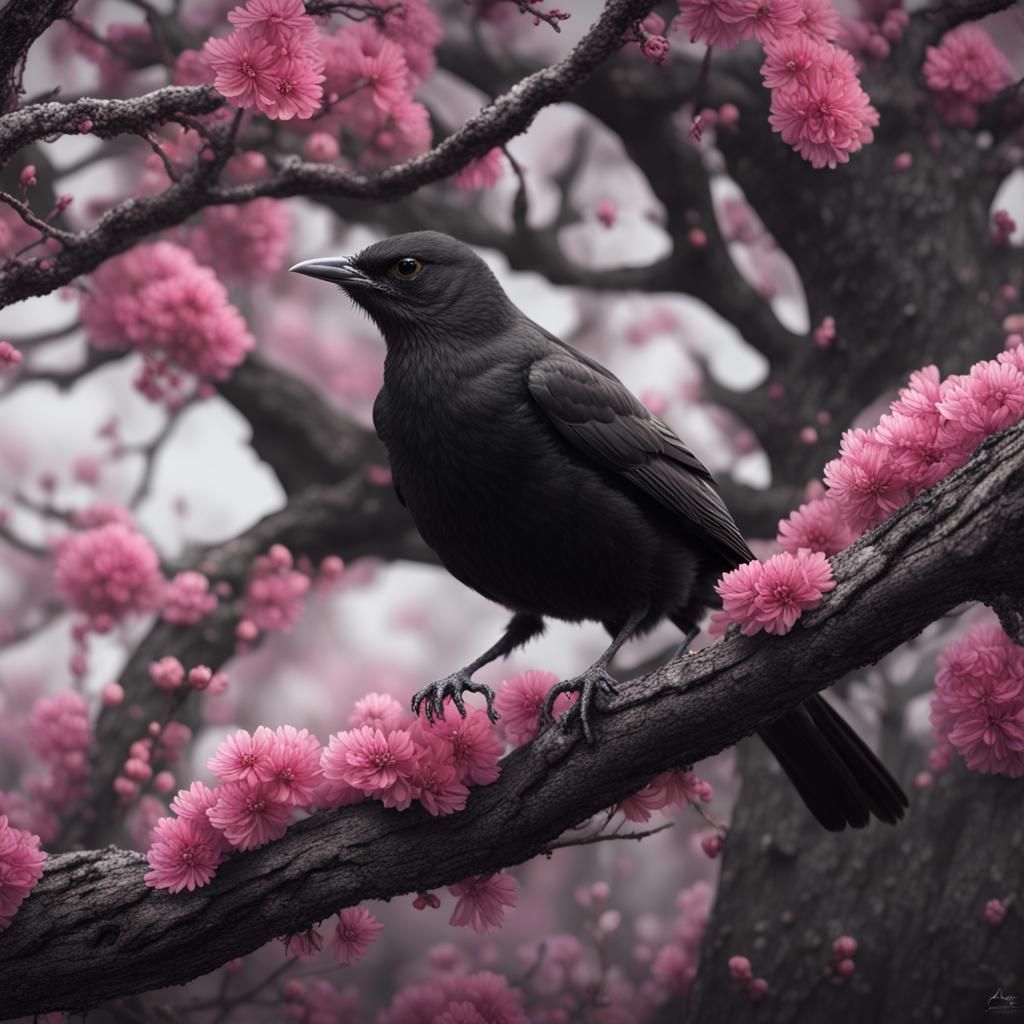 Black and White Blackbird with Pink Flowers