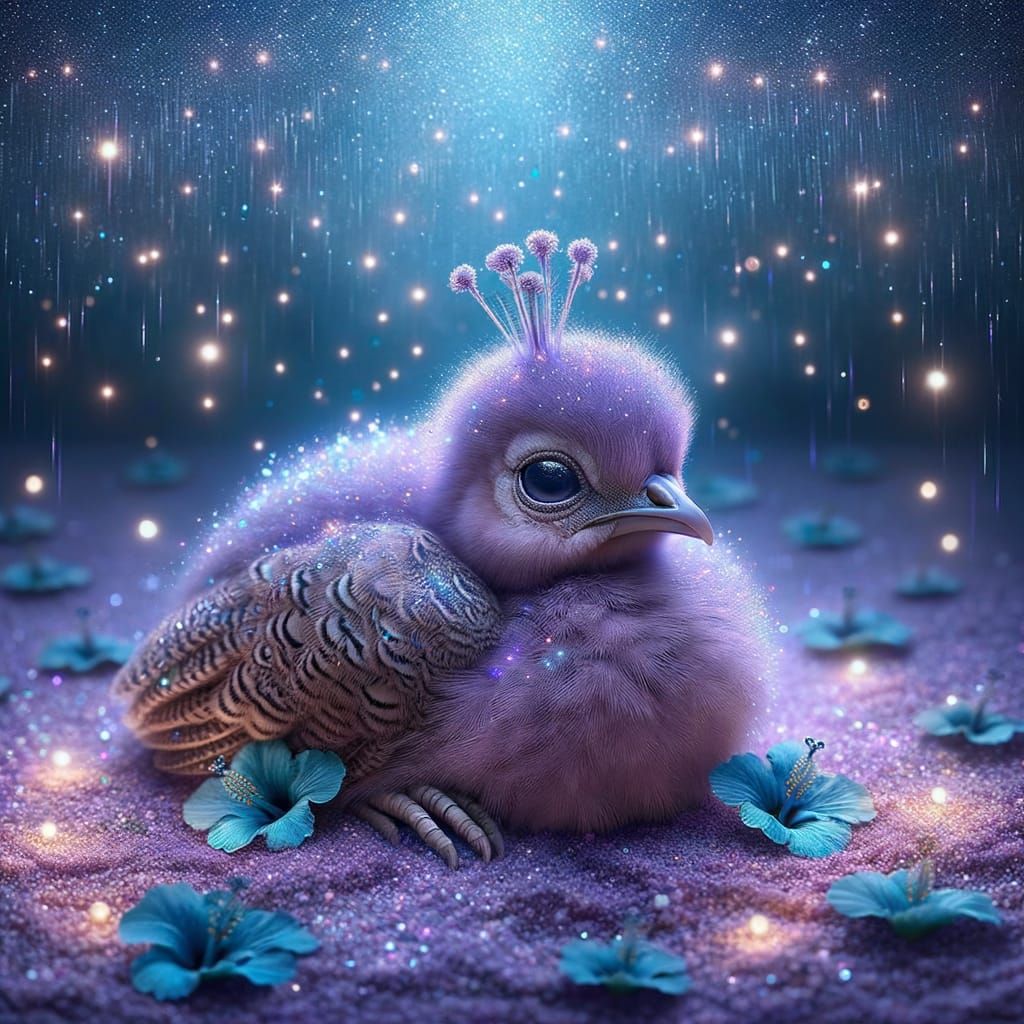 Serene Baby Peacock in Magical Night Scene