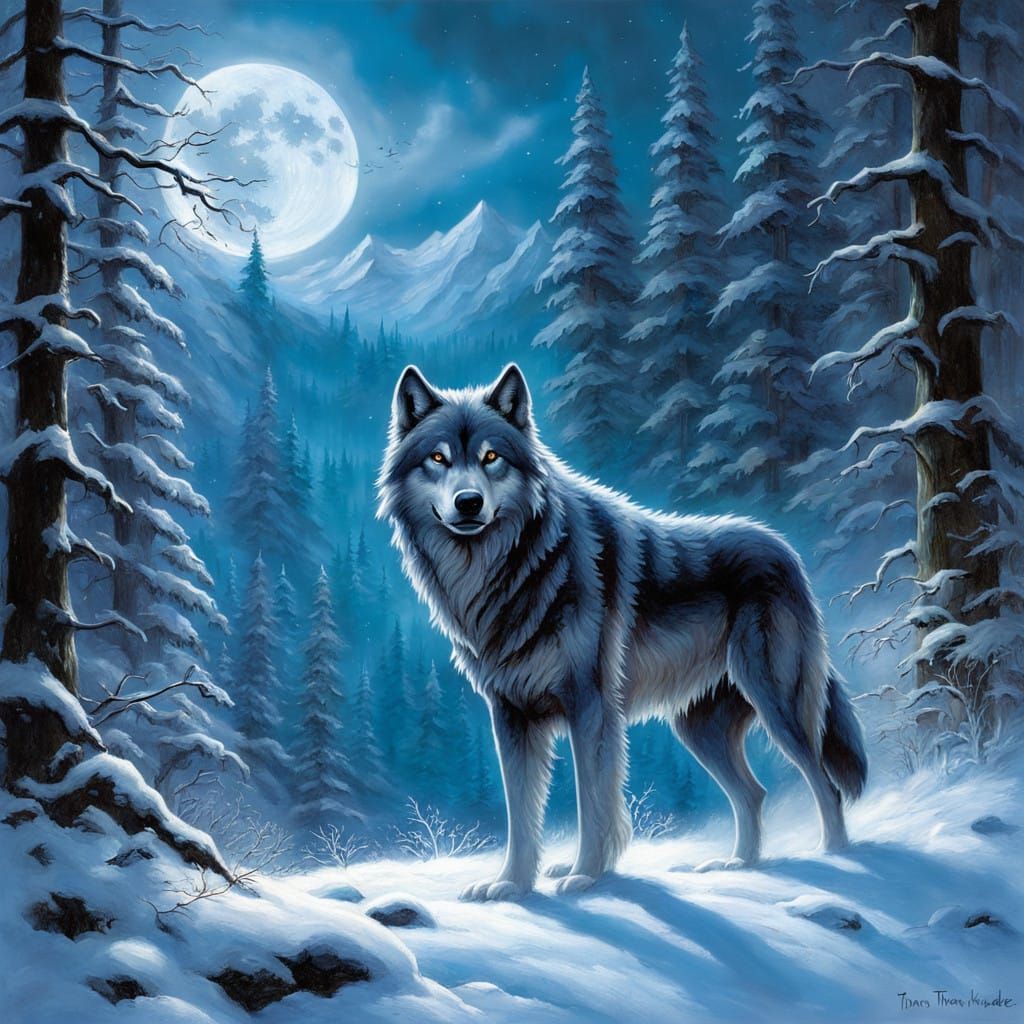 Majestic Alpha Male Dire Wolf Basks in Winter Moonlight