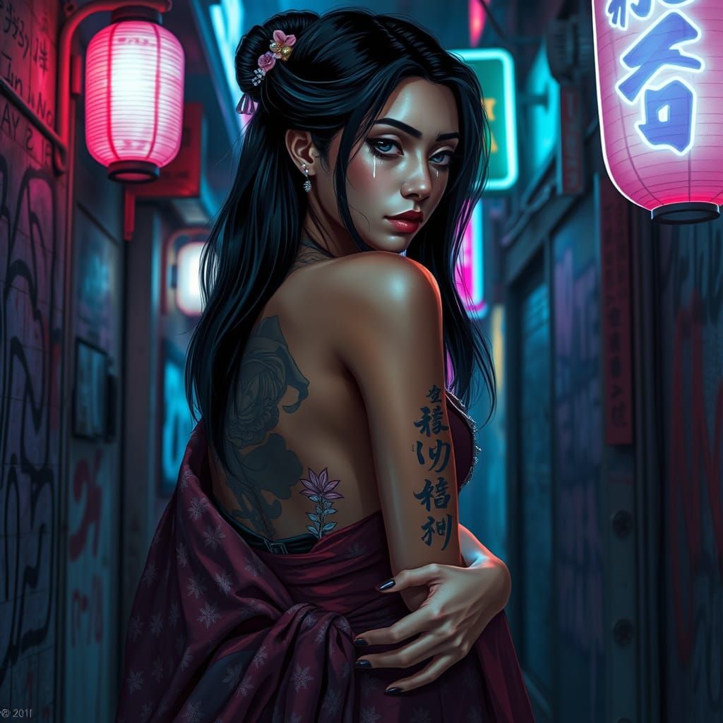 Cyberpunk Geisha's Sorrow in Neon Alley