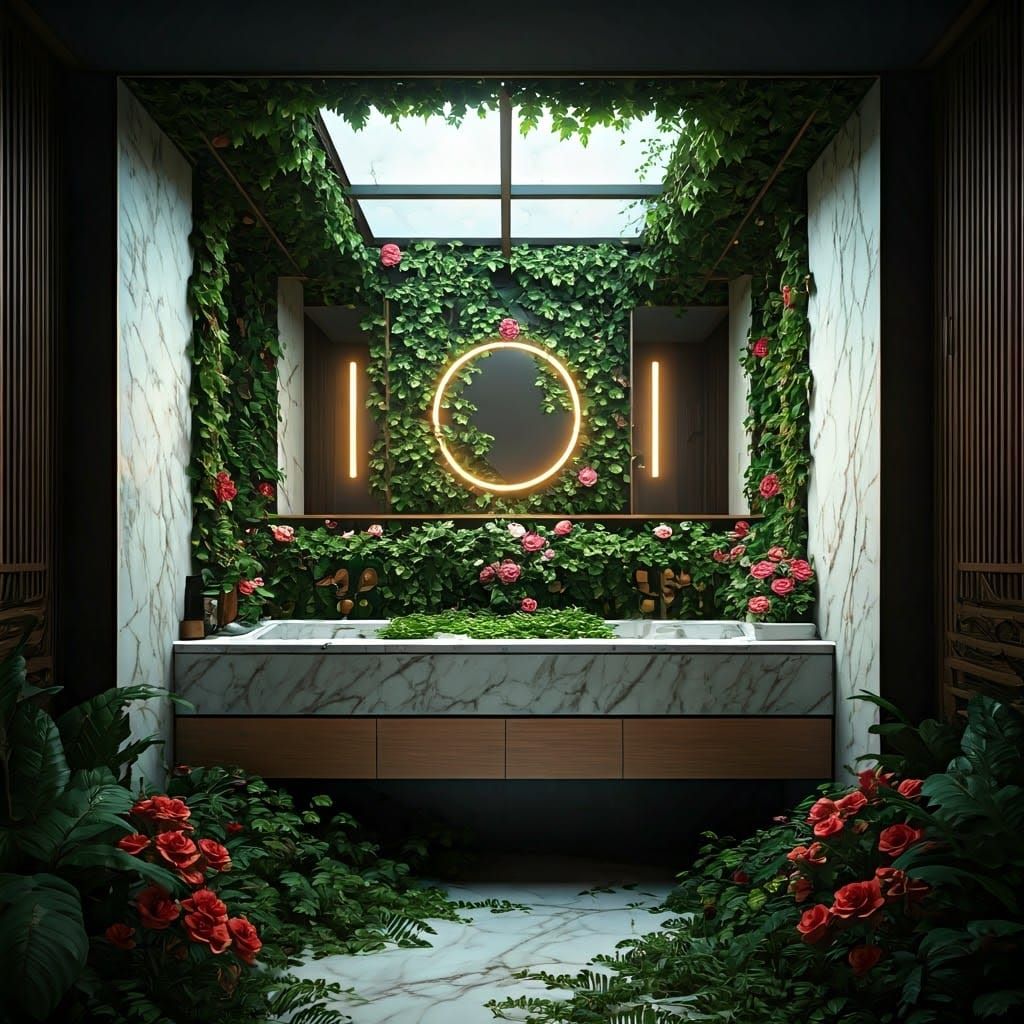 Surreal Luxury Bathroom Reclaimed by Nature in Hyperrealisti...