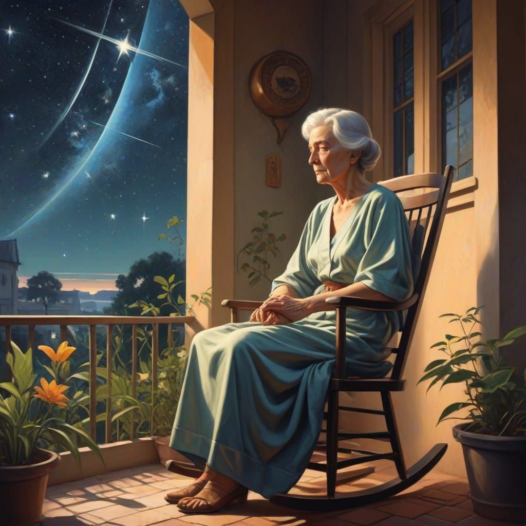 Elderly Woman Contemplates Under Starry Night Sky in Fantasy...