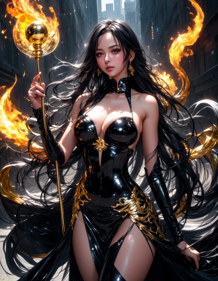 Photorealistic Witch with Golden Wand and Dragon