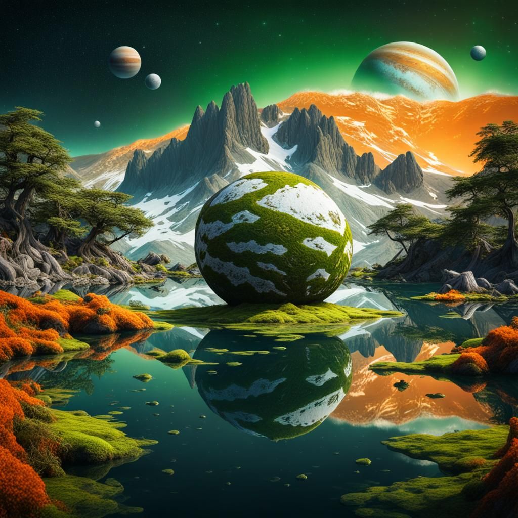 Surreal Jupiter Reflection with Orange Tent, 3D Render
