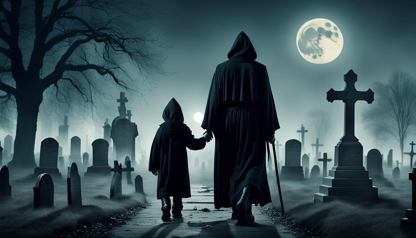 Grim Reaper Escorts Child Through Graveyard