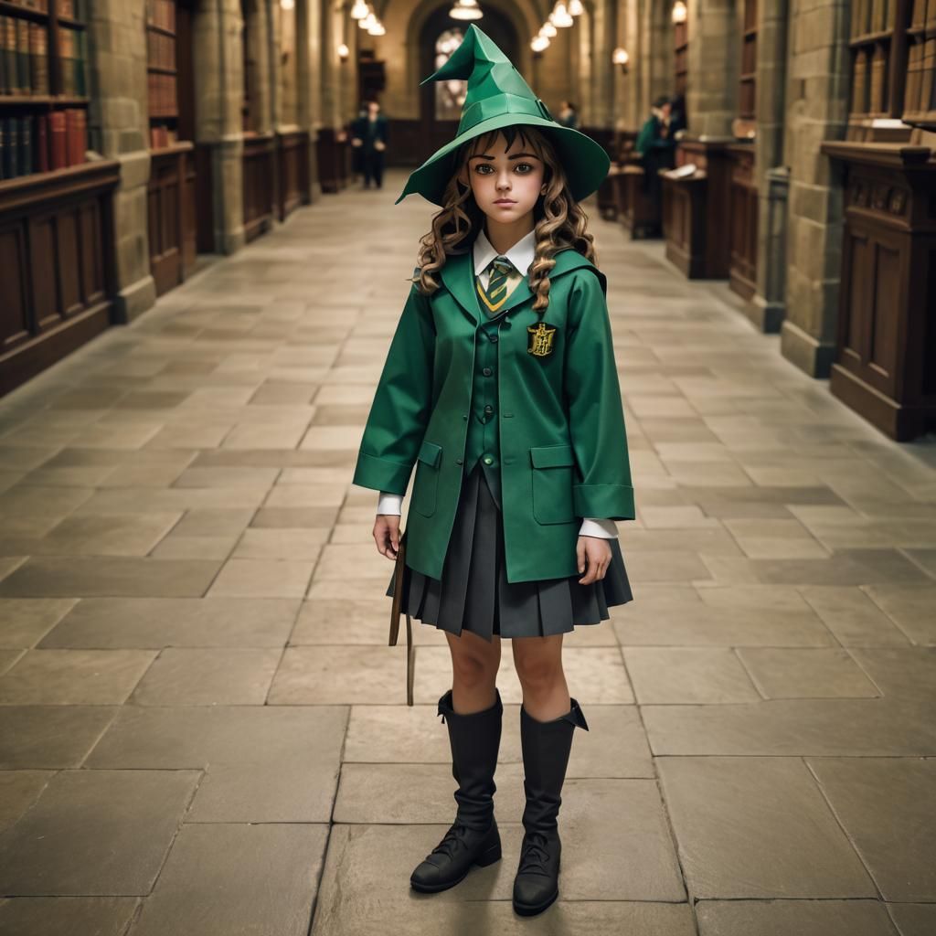 hermione granger in a slytherine school uniform and witch ha...