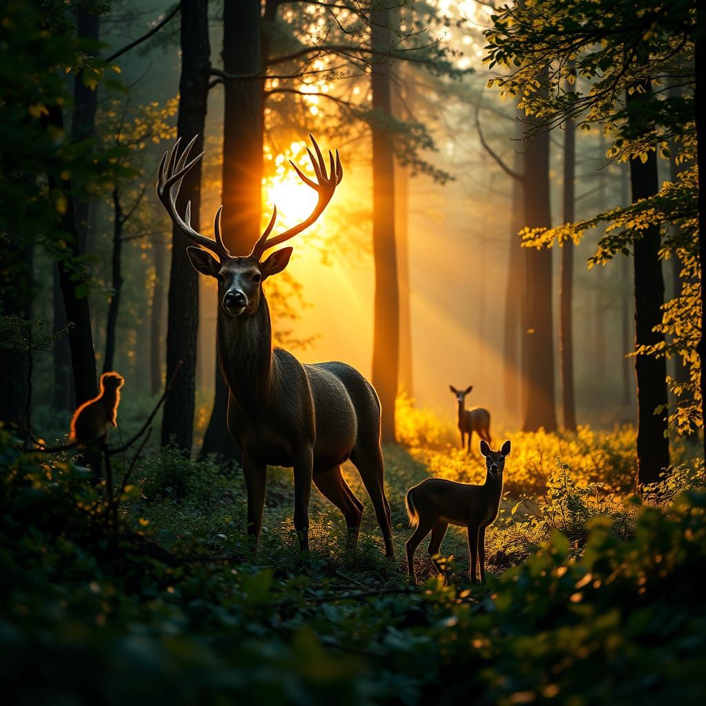 Majestic Forest Scene with Regal Wildlife in Vibrant Colors
