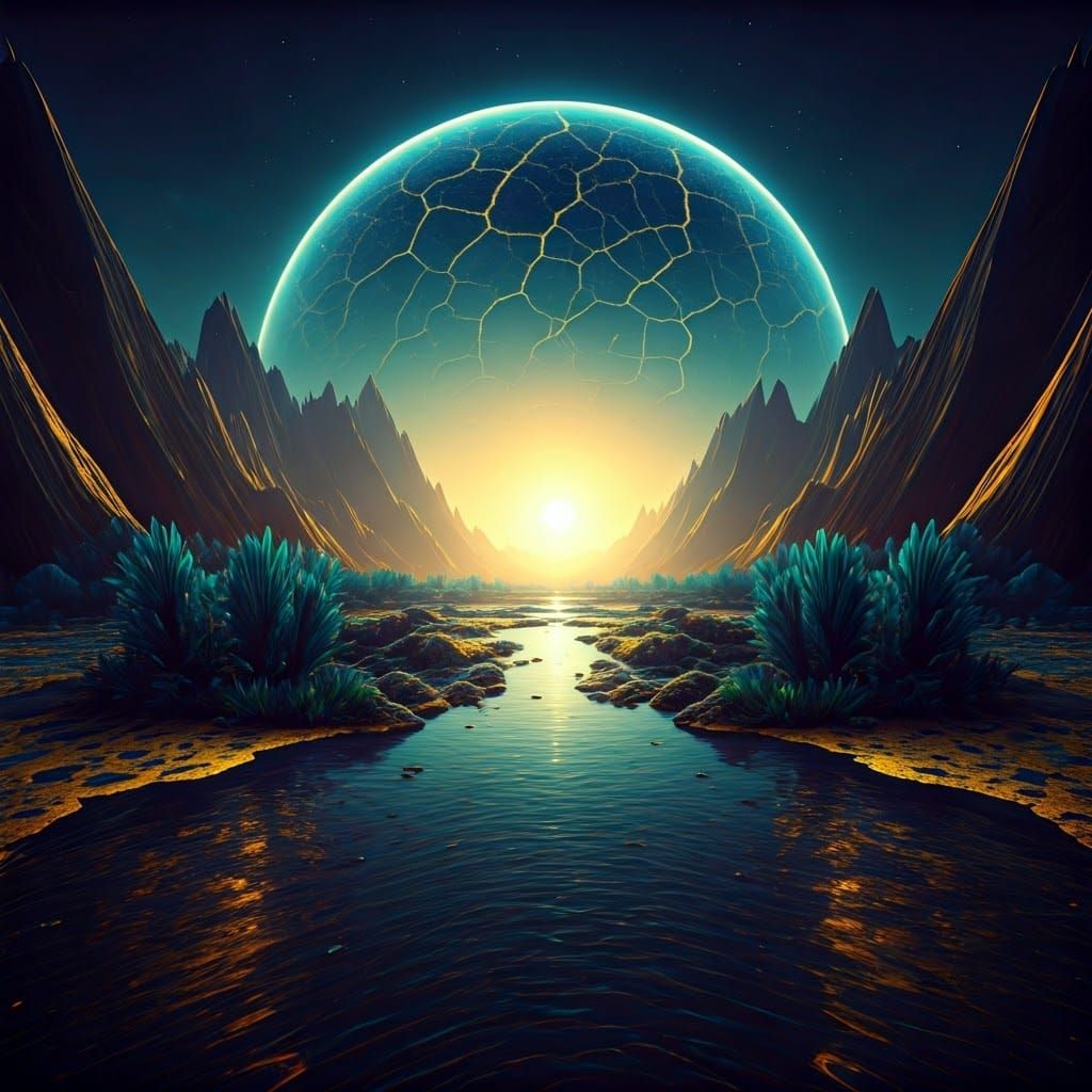 Kaleidoscopic Futuristic Landscape with Kintsugi Elements