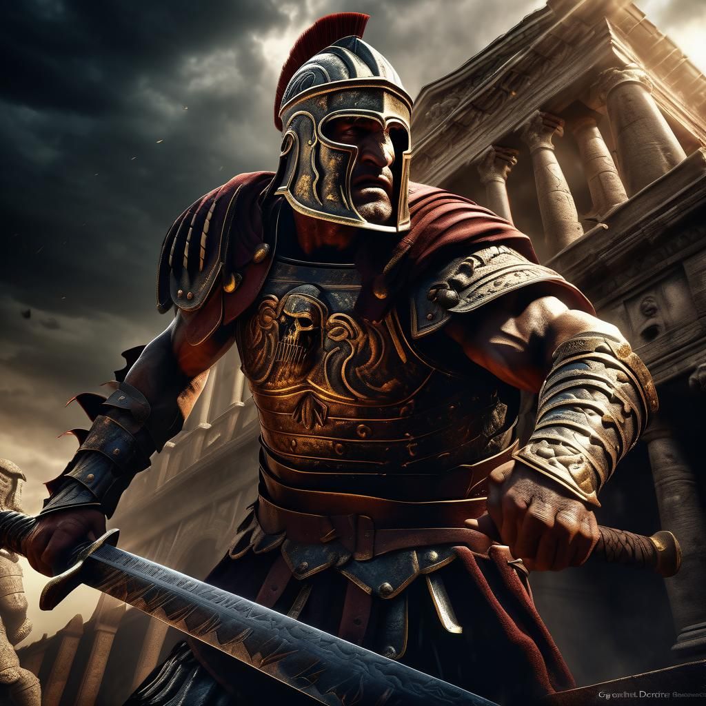 Sinister Roman Gladiator in Hyperrealistic Style