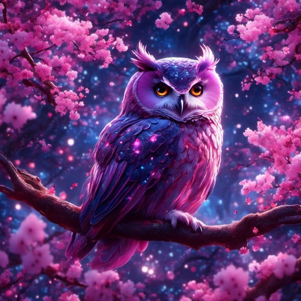 Glowing Purple Owl in Moonlit Cherry Tree