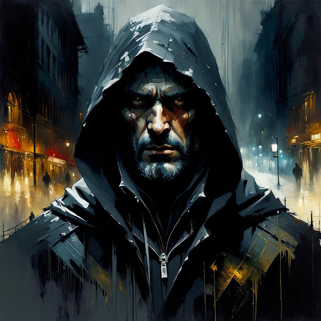 Mysterious Dark Figure in Shadows: Oil Painting