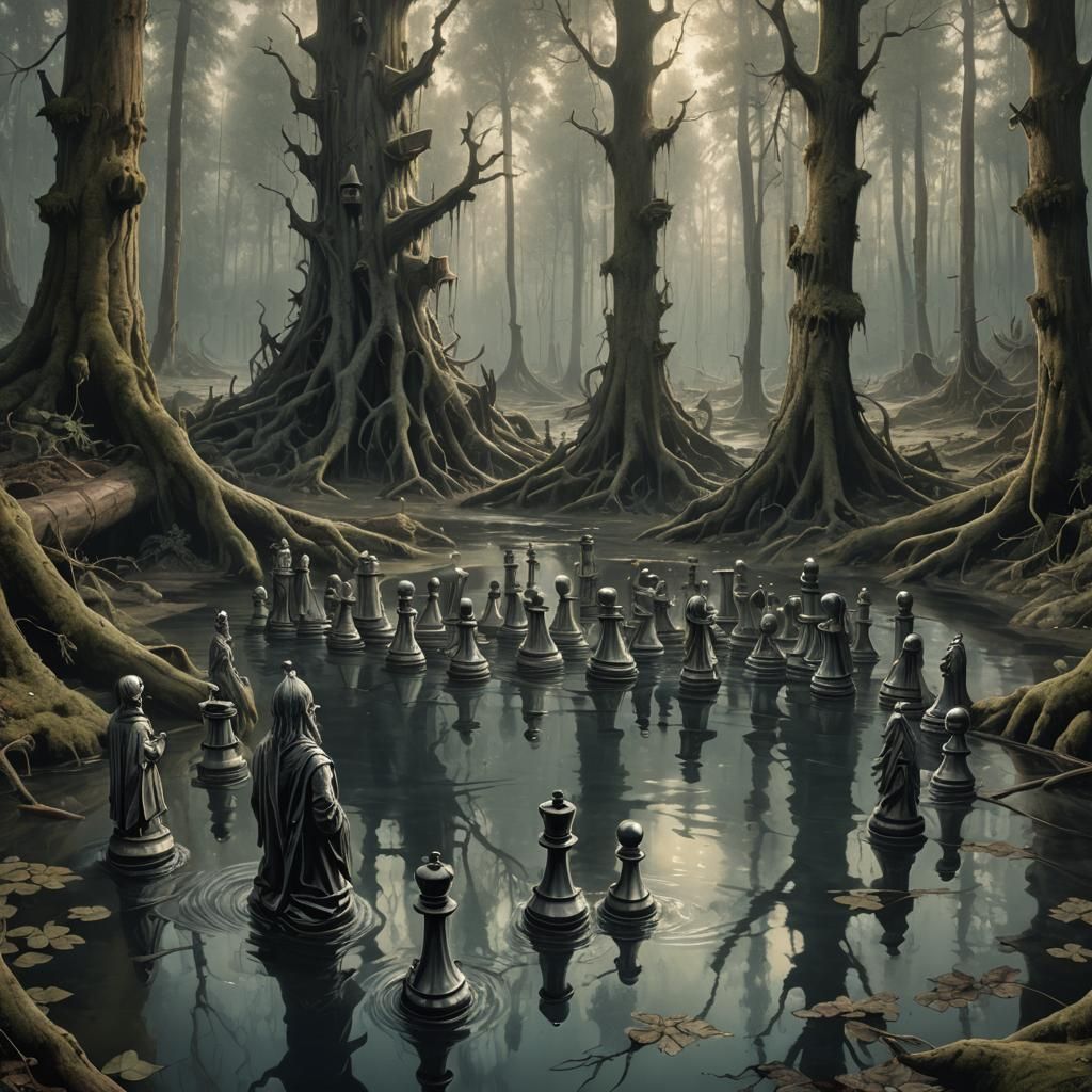 Chess pieces sinking in a dark forest #1