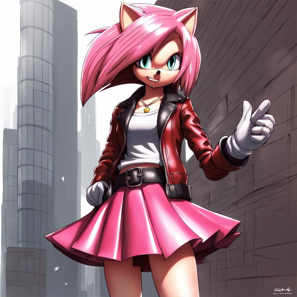 Amy Rose in Leather Skirt, Anime Style