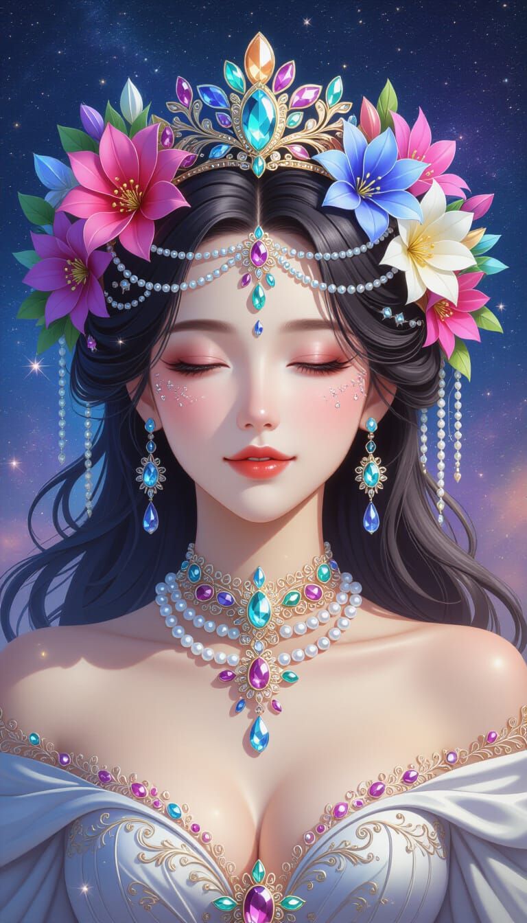 Fantasy Anime Portrait of Jeweled Woman with Floral Crown