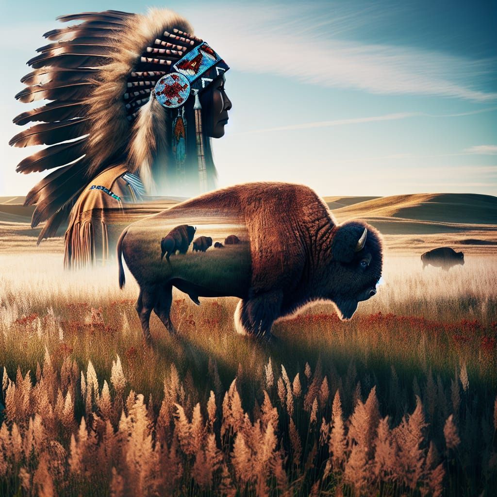 Native American Woman and Bison Double Exposure Oil Painting