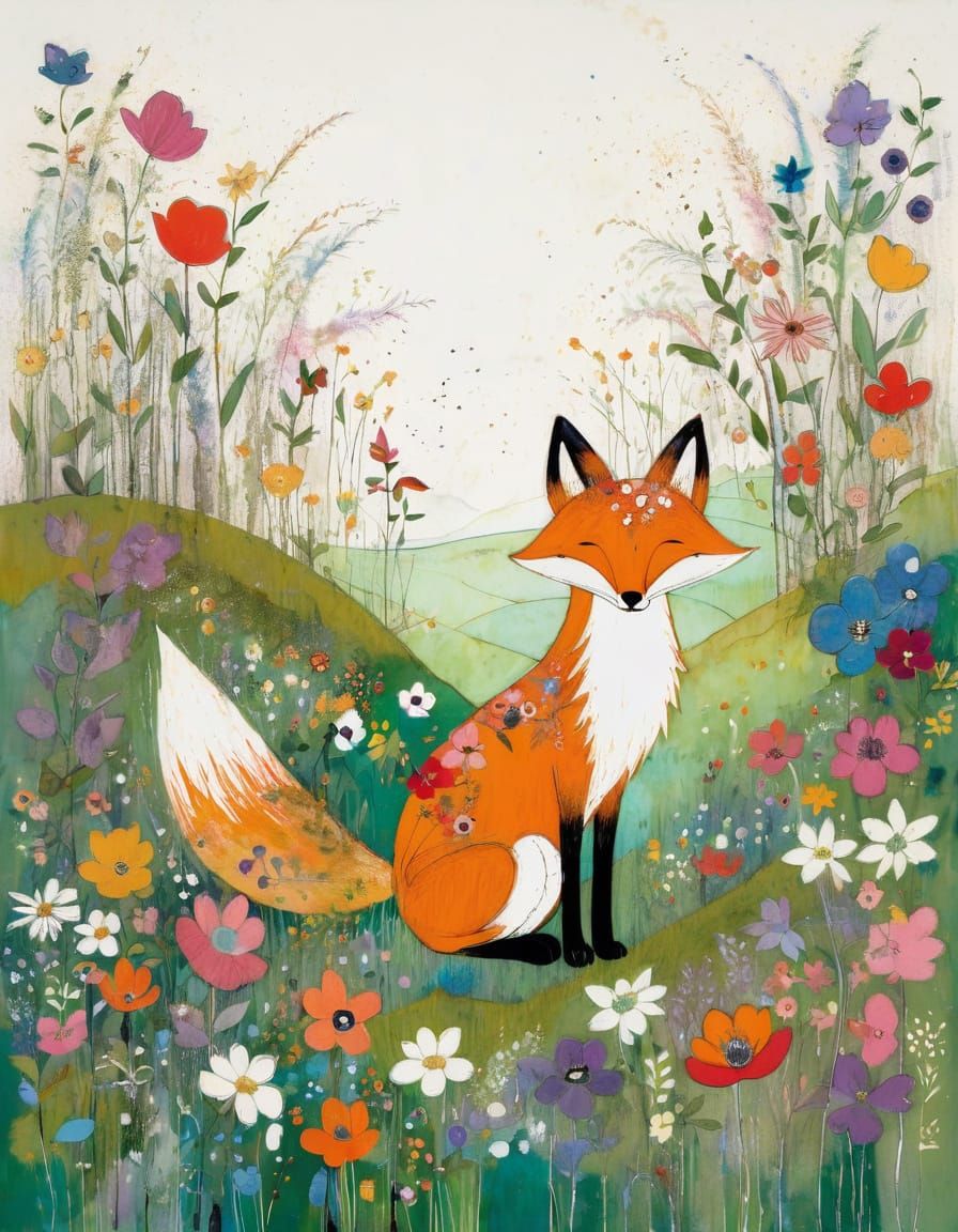 Whimsical Fox in Vibrant Floral Landscape