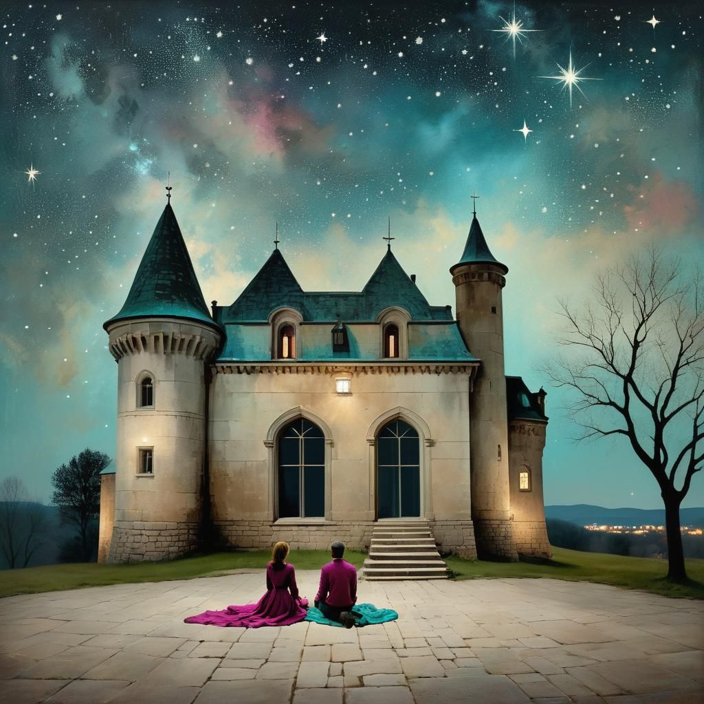 Stargazers Under Vibrant Starry Sky Digital Painting