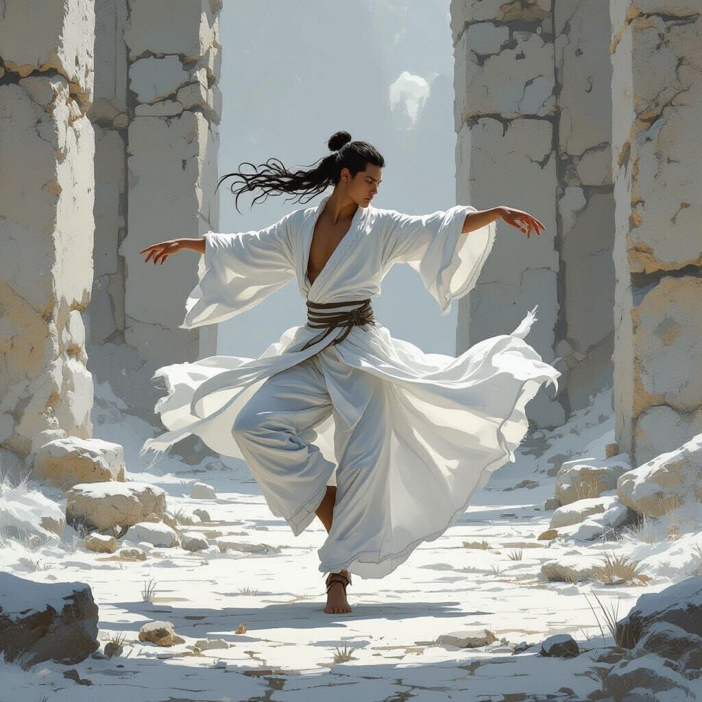 Wind Dancer in White Amongst Ancient Ruins
