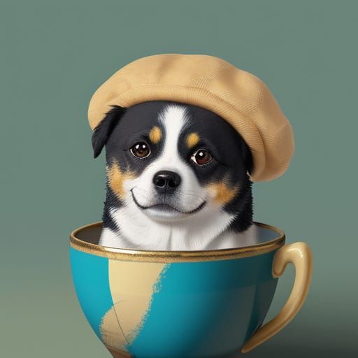 Adorable Dog Painter with Egg Cup Hat, Whimsical Art