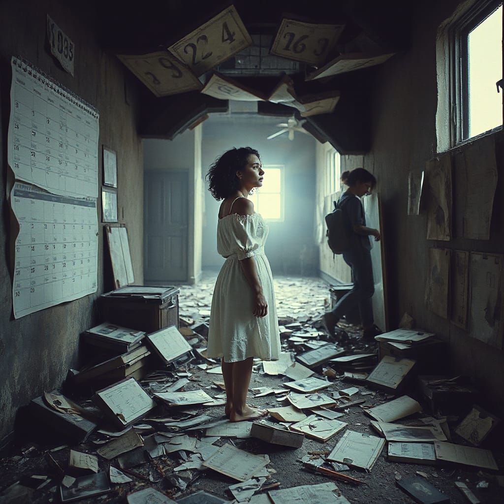 Woman in Fractal Corridors of Shattered Time