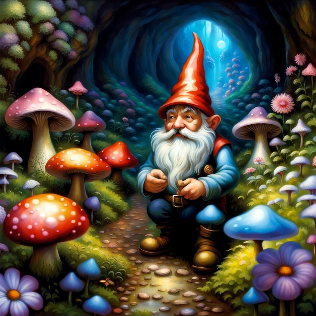 Gnomes Gathering Magical Mushrooms in Tunnels