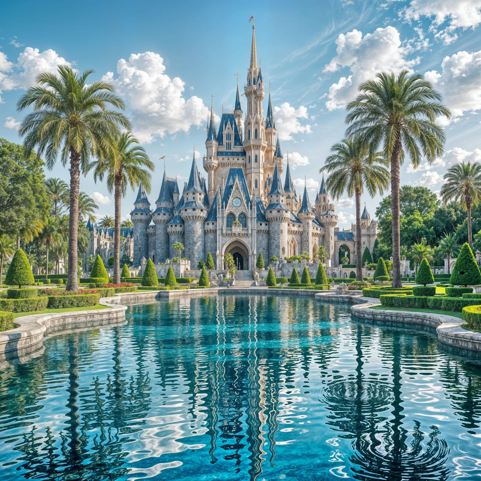 Majestic Castle in Garden with Palm Trees