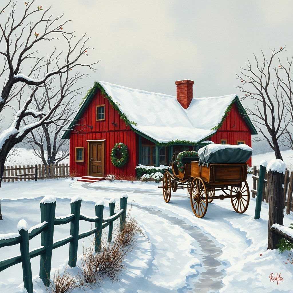 Rustic Farmhouse in Winter Watercolour Landscape