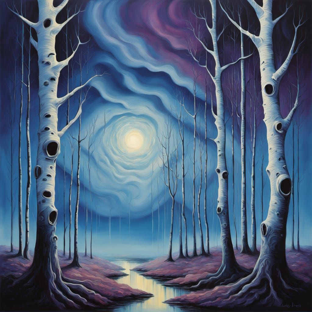 Surreal Melting Aspens Reach Skyward in Dreamlike Twilight