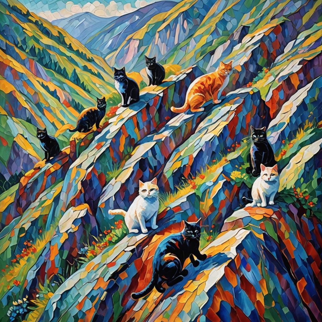 Cats Conquer Mountain: An Impasto Oil Painting