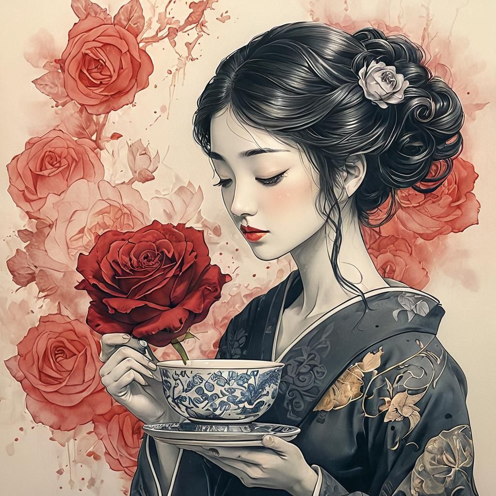 Woman and Rose Tea in Sumi-e Style