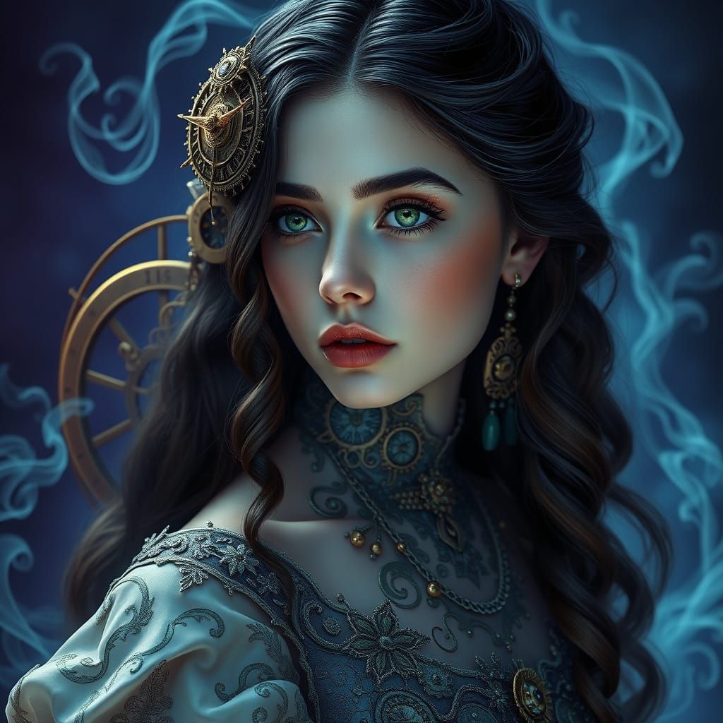 A strikingly detailed portrait of a young woman with etherea...