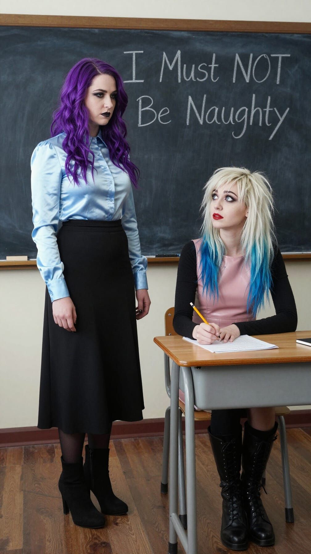 Two Goth Women in a Classroom Detention Scene