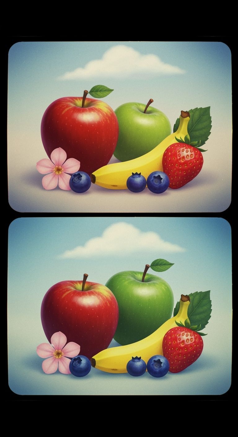 An illustration of an easy spot the difference page for adults. There are two images side by side, each containing multi...