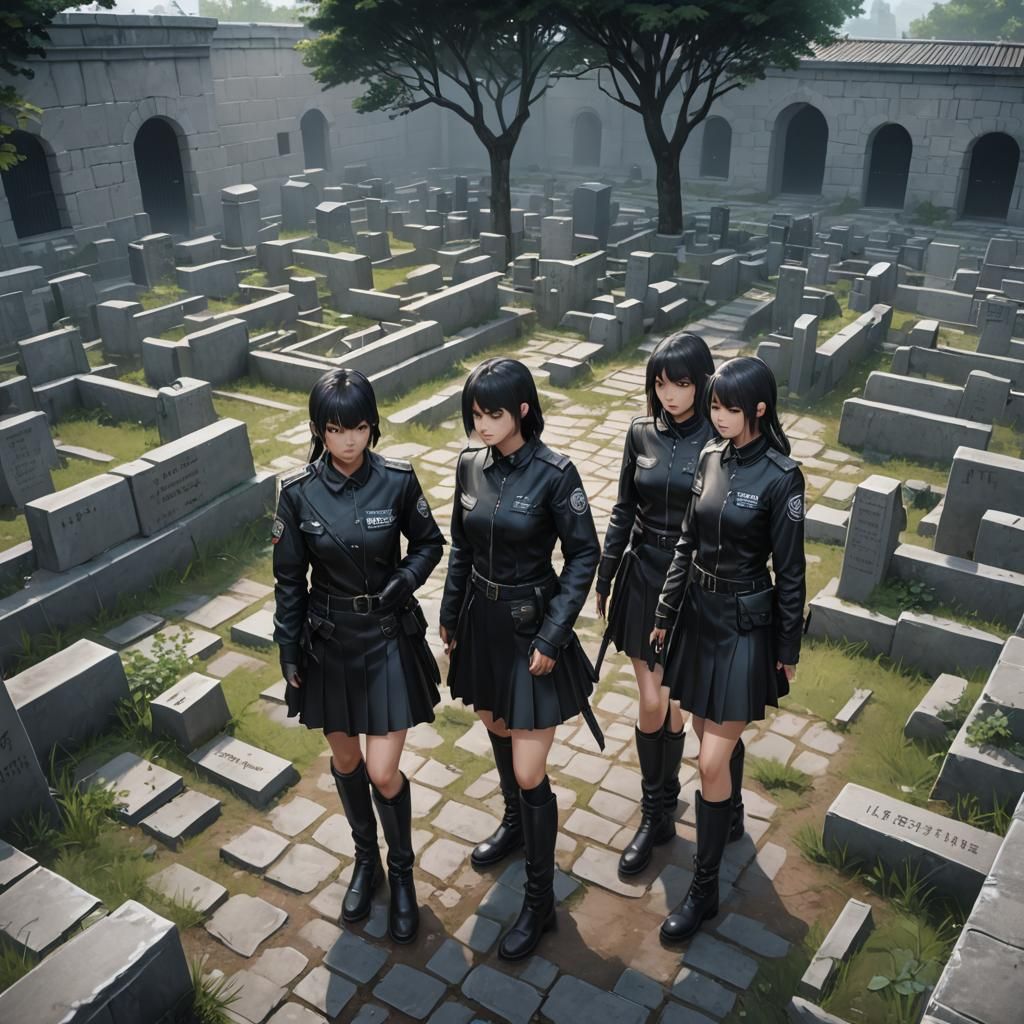 Female Guards Search Cemetery: Detailed 3D Anime Art